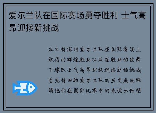 爱尔兰队在国际赛场勇夺胜利 士气高昂迎接新挑战