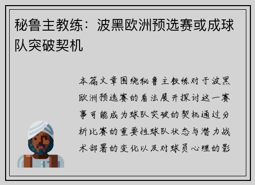 秘鲁主教练：波黑欧洲预选赛或成球队突破契机