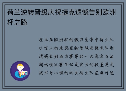 荷兰逆转晋级庆祝捷克遗憾告别欧洲杯之路