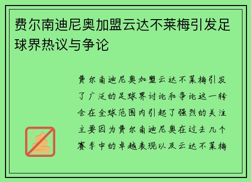 费尔南迪尼奥加盟云达不莱梅引发足球界热议与争论