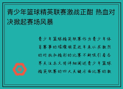 青少年篮球精英联赛激战正酣 热血对决掀起赛场风暴